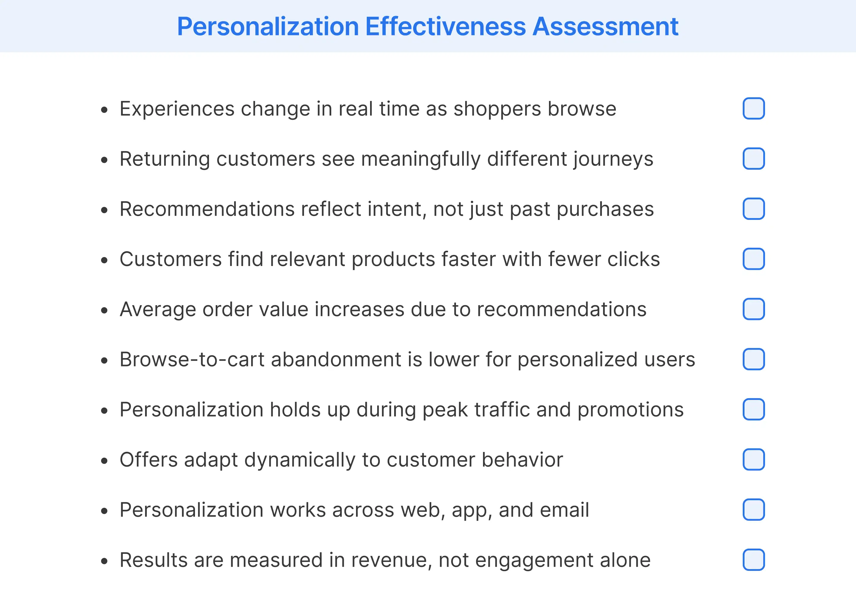 A key signals checklist that indicates whether ecommerce personalization is truly effective