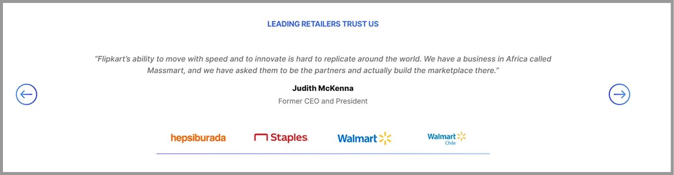 FCC’s homepage showing testimonials from Walmart, Staples, and Hepsiburada