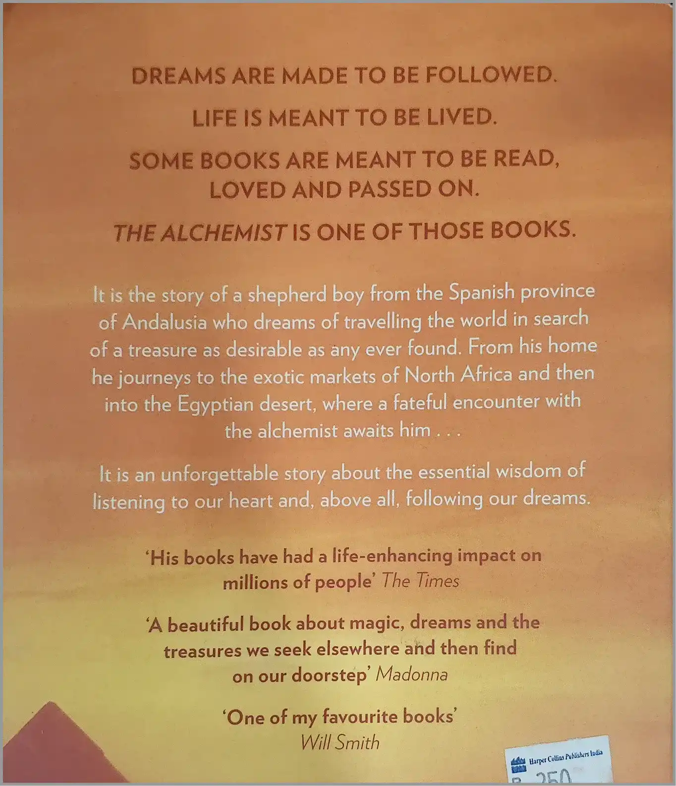 The back cover of Paulo Coelho&rsquo;s The Alchemist showing reviews by Madonna, The Times, and Will Smith