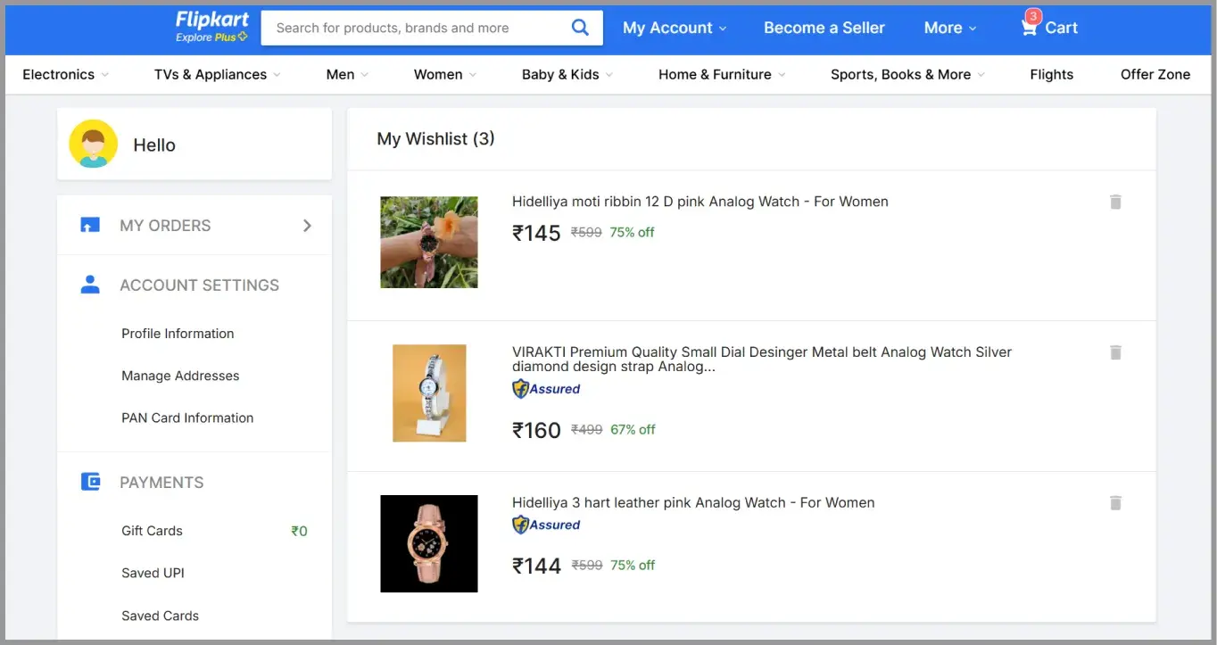 An example of a wishlist on Flipkart