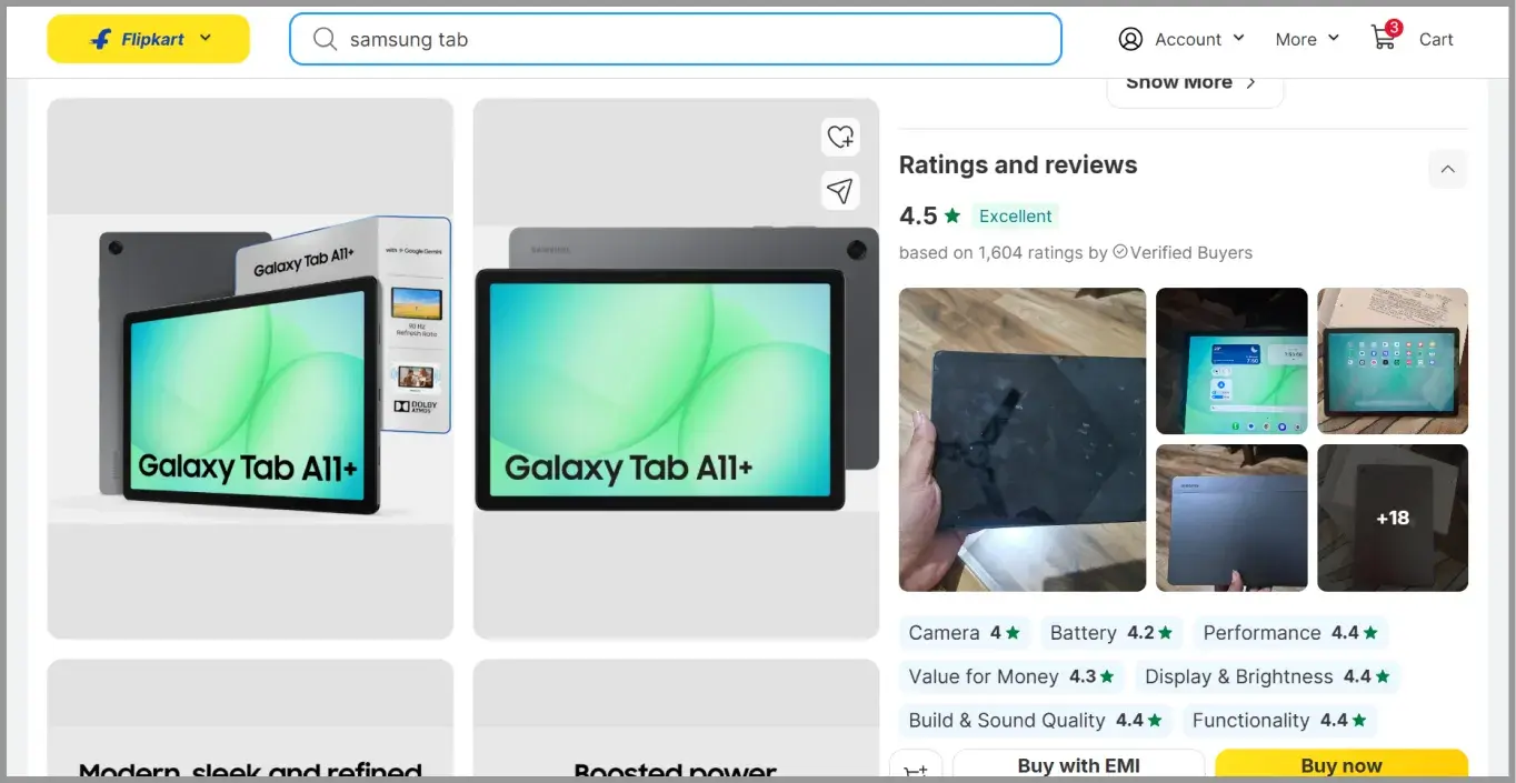 Ratings, reviews, and customer-generated content on a product detail page on Flipkart