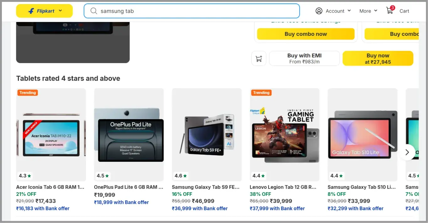 CTA buttons and smart product recommendations on a product detail page on Flipkart