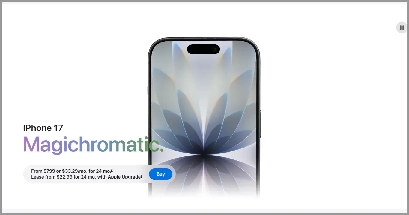 3D rendering of the iPhone 17 on its product detail page
