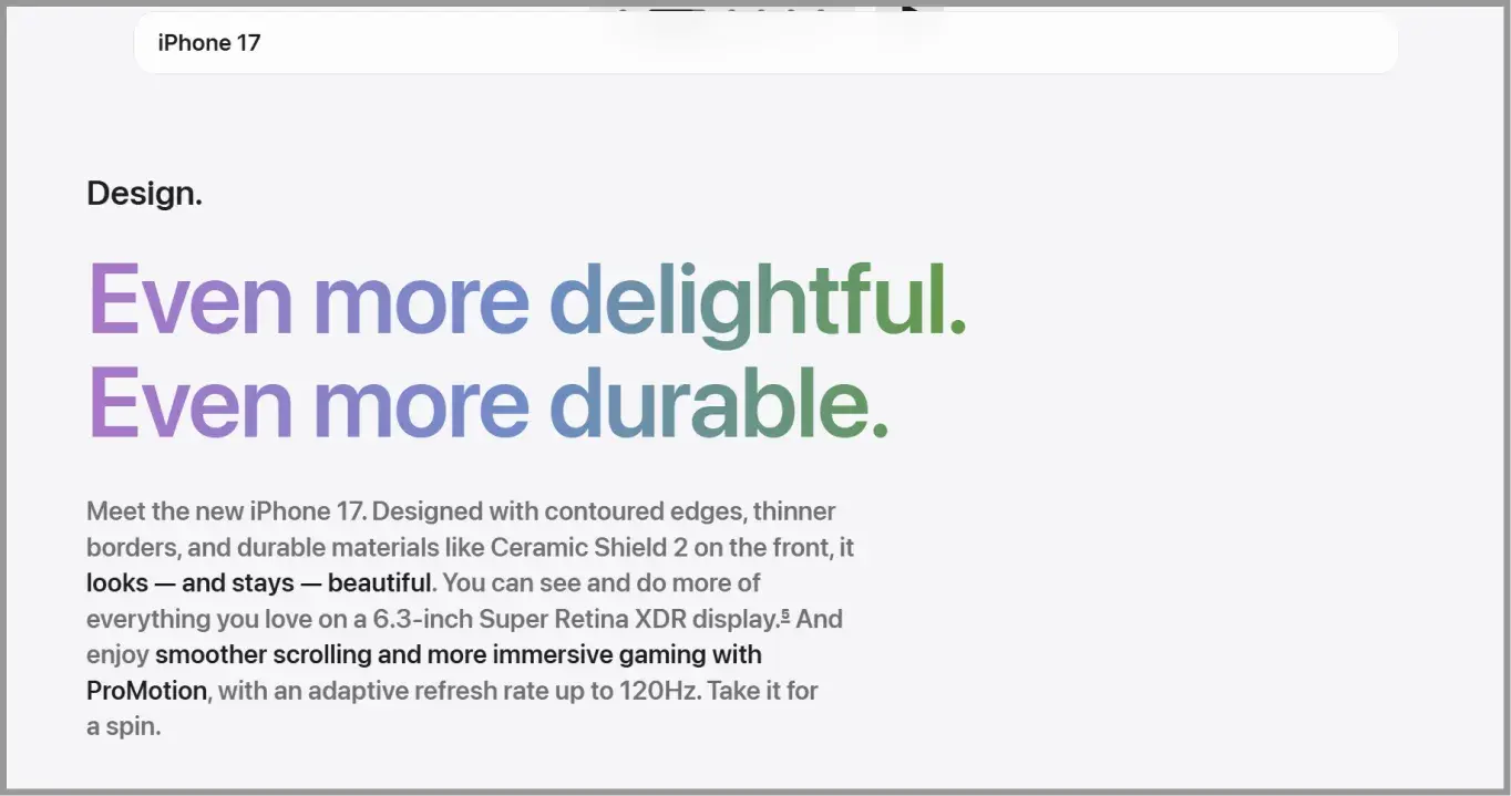 Simplified display specs on the iPhone 17 product detail page