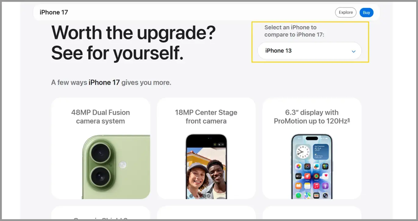 iPhone 17 vs iPhone 13 comparison on the iPhone 17 product detail page