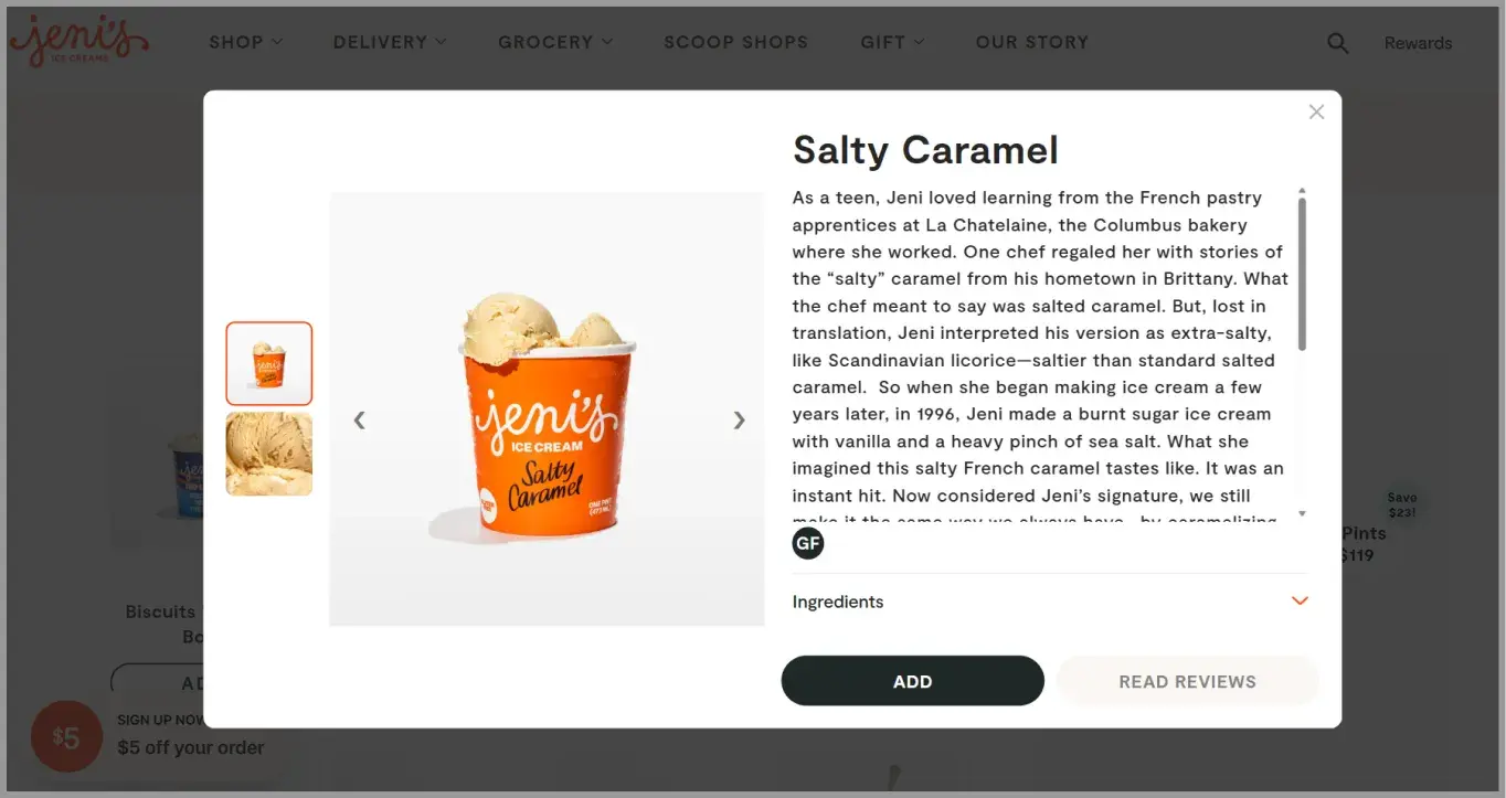 Highly sensory copywriting on Jeni’s ice cream’s product detail page