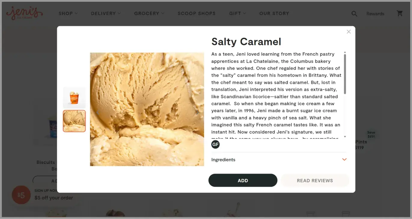 High-quality of the salty caramel ice cream on Jeni’s ice cream’s product detail page