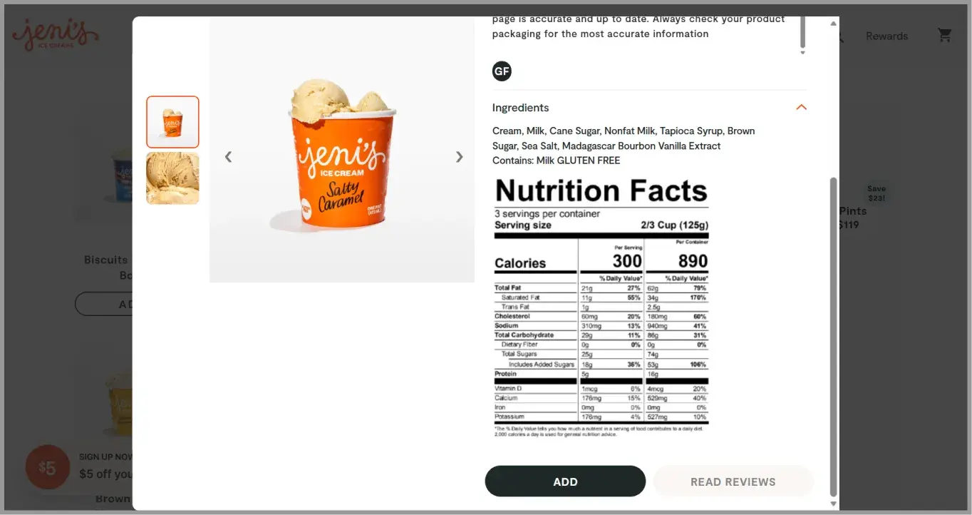 Collapsible dietary information on Jeni’s ice cream’s product detail page