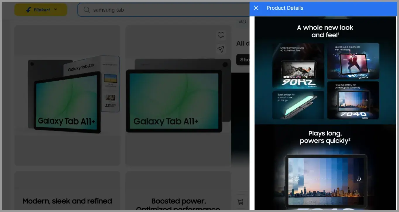 Visual elements on a product detail page on Flipkart