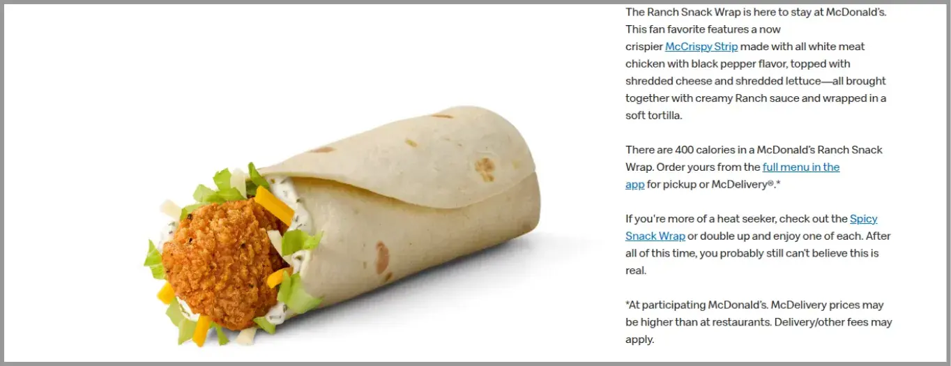 McDonald’s Ranch Snack Wrap product page showing the returning menu item
