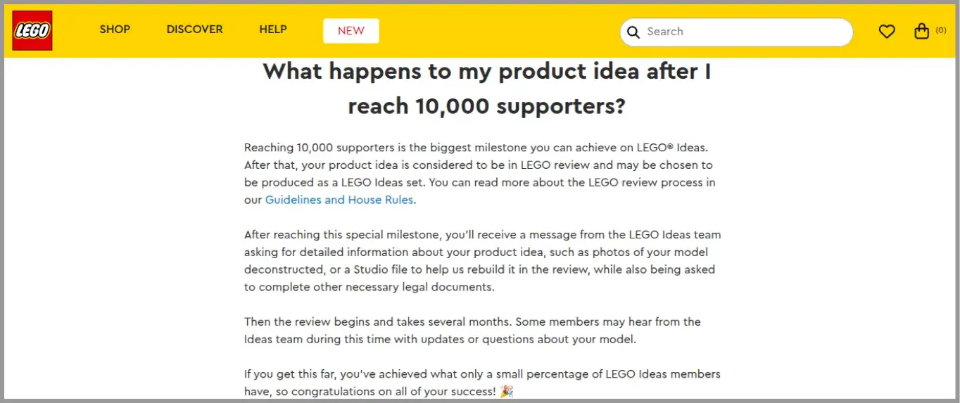 LEGO Ideas page showing the 10,000-supporter milestone and product review process