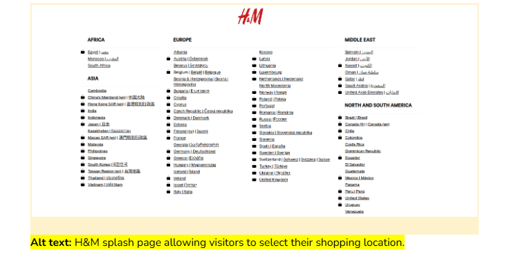 H&M splash page allowing visitors to select their shopping location