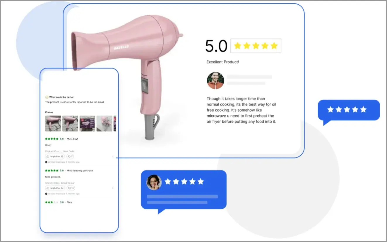 FCC Ratings and Reviews interface showing customer ratings and product reviews